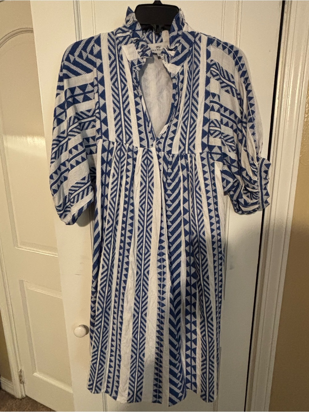 Blue and White Geometric Midi Dress with Keyhole Neckline